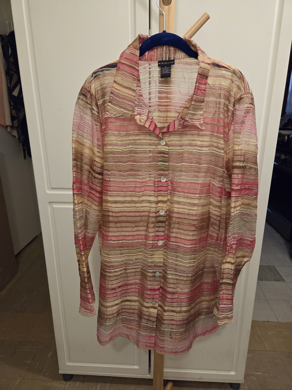 Eileen Fisher Striped Sheer Button-Front Shirt in Pink and Tan